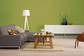 Eine komplette Wohnzimmereinrichtung vor einer Wand in Olivgrün.